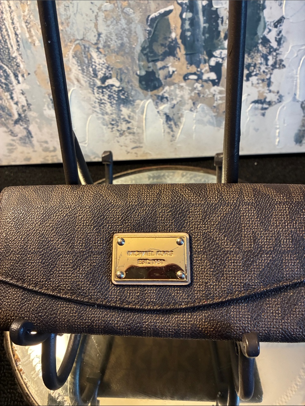 Michael Kors Brown Pebbled Leather Clutch with Gold Plaque